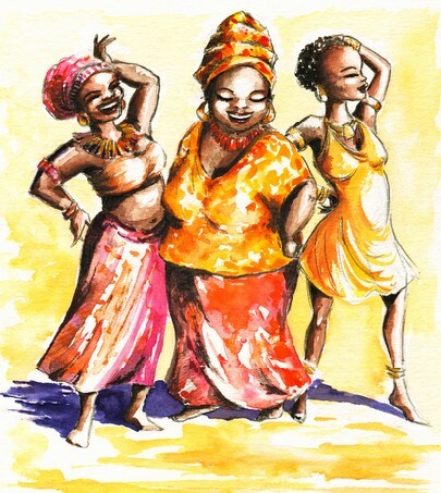 Three happy dancing African women - Watercolor
